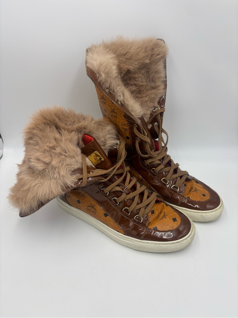 MCM Brown and Tan Fur-Trim Lace-Up High-Top Boots